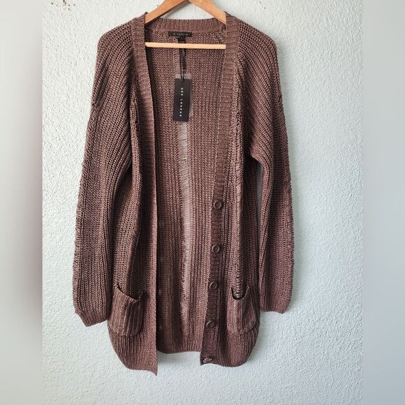 QED London Distressed Brown Long Cardigan Sweater Coastal - Picture 1 of 11